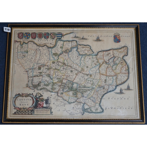 718 - After Joan Blaeu (1596-1673), hand coloured engraved map of Kent, 39 x 54cm. Condition - poor to fai... 