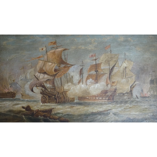 726 - 19th century English School, oil on canvas, Battle of Trafalgar, 28 x 49.5cm, housed in a carved w... 