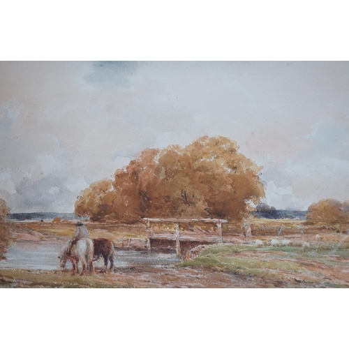 734 - Claude Hayes (1852-1922), watercolour, The Ford, signed, 26 x 52cm, ornate gilt framed. Condition ... 