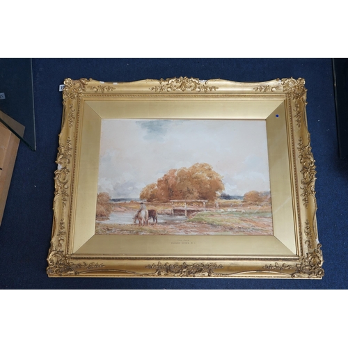 734 - Claude Hayes (1852-1922), watercolour, The Ford, signed, 26 x 52cm, ornate gilt framed. Condition ... 