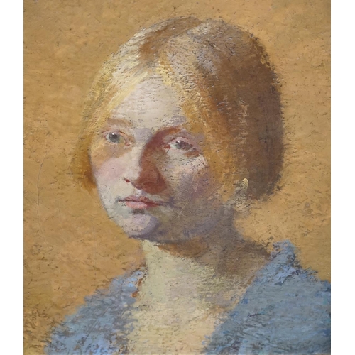 736 - 20th century oil on board, Portrait of a young woman, Phoenix Gallery label verso, 34 x 28cm. Condit... 