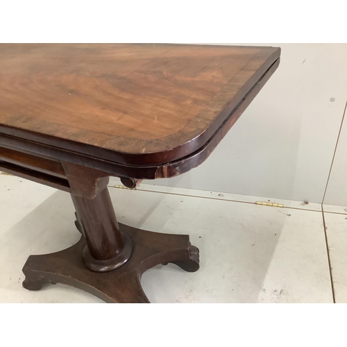 75 - An early Victorian rosewood banded mahogany folding card table, width 90cm, depth 45cm, height 73cm.... 