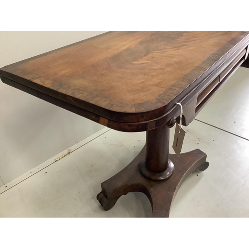 75 - An early Victorian rosewood banded mahogany folding card table, width 90cm, depth 45cm, height 73cm.... 