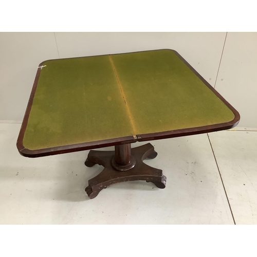 75 - An early Victorian rosewood banded mahogany folding card table, width 90cm, depth 45cm, height 73cm.... 