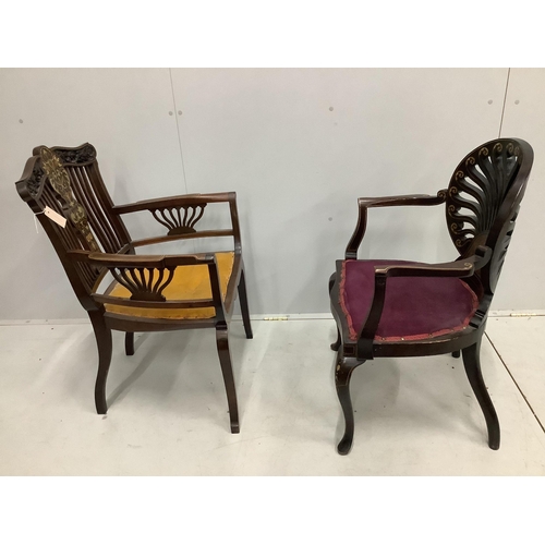 79 - Two Edwardian inlaid mahogany elbow chairs, larger width 58cm, height 92cm. Condition - fair