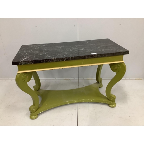 8 - A green painted rectangular marble top centre table, width 113cm, depth 53cm, height 75cm. Condition... 