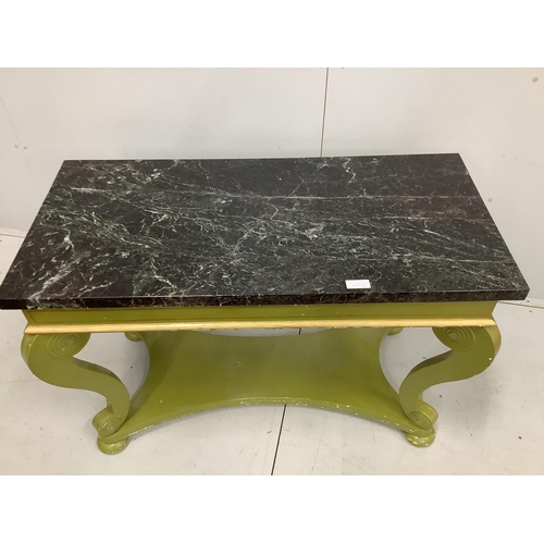 8 - A green painted rectangular marble top centre table, width 113cm, depth 53cm, height 75cm. Condition... 