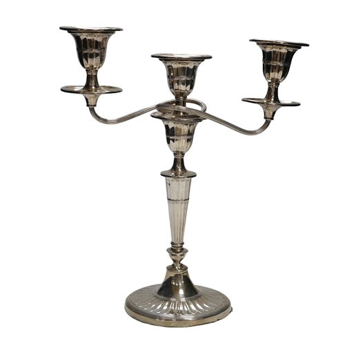 825 - A late Victorian silver two branch, three light candelabrum, Edward Hutton, London, 1891, height 30.... 