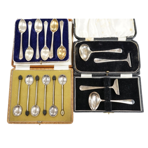 838 - Two cased sets of six silver coffee spoons including bean end and golfing related and two cased silv... 