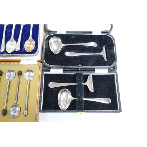 838 - Two cased sets of six silver coffee spoons including bean end and golfing related and two cased silv... 