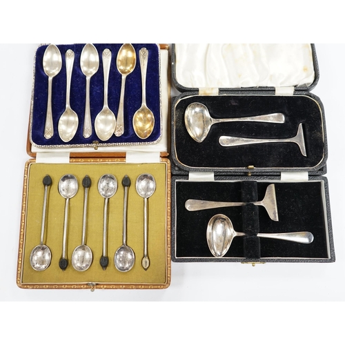 838 - Two cased sets of six silver coffee spoons including bean end and golfing related and two cased silv... 