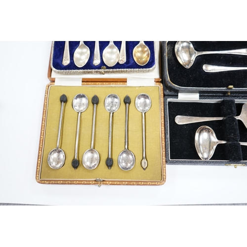 838 - Two cased sets of six silver coffee spoons including bean end and golfing related and two cased silv... 