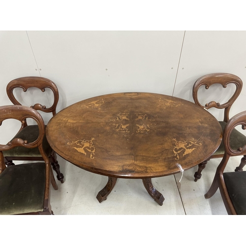 84 - A Victorian inlaid walnut oval loo table, width 120cm, depth 86cm, height 72cm, lacks bolts together... 