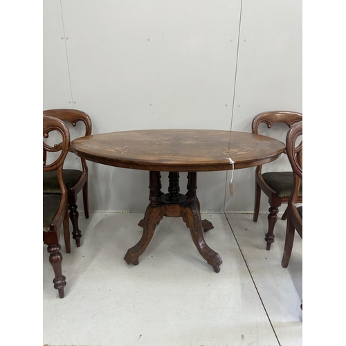 84 - A Victorian inlaid walnut oval loo table, width 120cm, depth 86cm, height 72cm, lacks bolts together... 