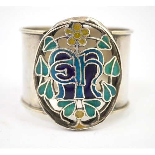 844 - An Arts and Crafts silver and enamel napkin ring, makers mark LH, Birmingham 1938, 4.5cm high. Cond... 