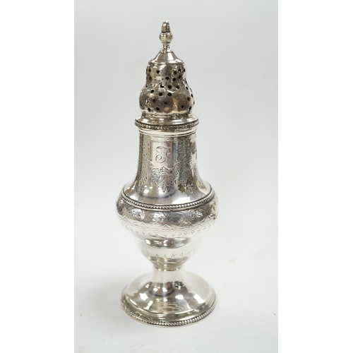 845 - A George III silver baluster pepperette, Thomas Daniell, London, 1785, 14.6cm. Condition - poor... 