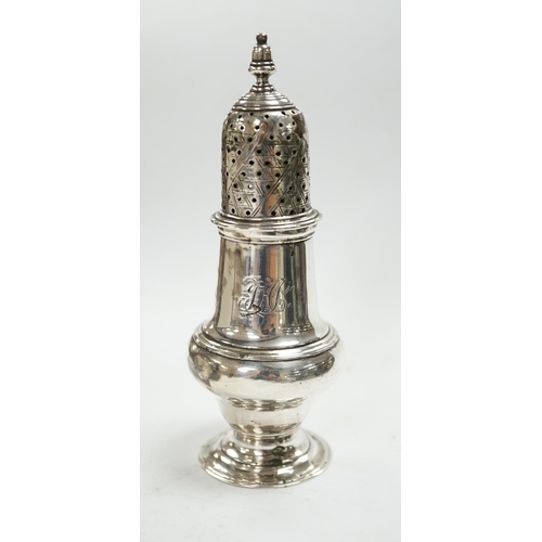 846 - A George III silver baluster pepperette, John Delmester, London, 1763, 14.1cm. Condition - poor to f... 