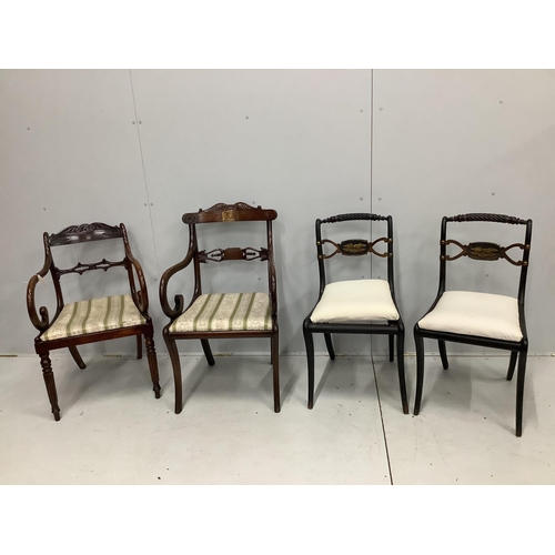 85 - Two Regency mahogany and rosewood elbow chairs together with two Regency ebonised dining chairs. Con... 