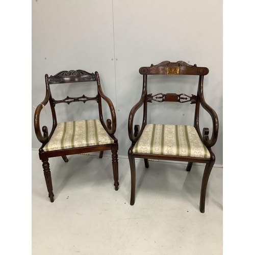 85 - Two Regency mahogany and rosewood elbow chairs together with two Regency ebonised dining chairs. Con... 