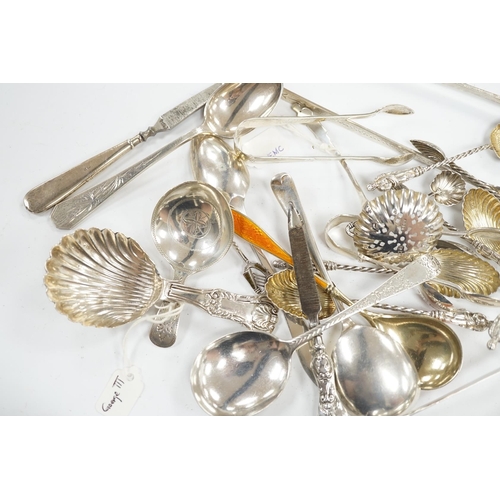 852 - A collection of assorted small silver, sterling and white metal flatware, including two 19th century... 