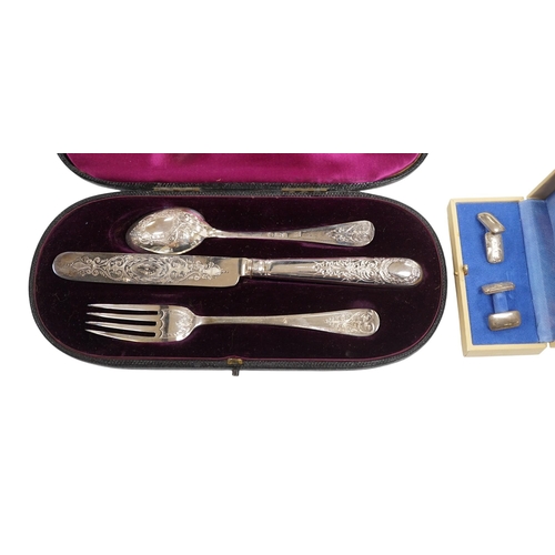 854 - A late Victorian cased chased silver christening trio, London, 1897/90, together with a pair of engr... 