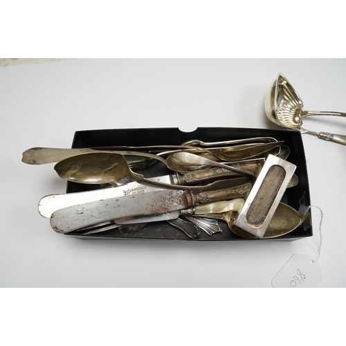 860 - A group of German 800  and other white metal cutlery, an 800 card case, silver bonbon dish, match sl... 