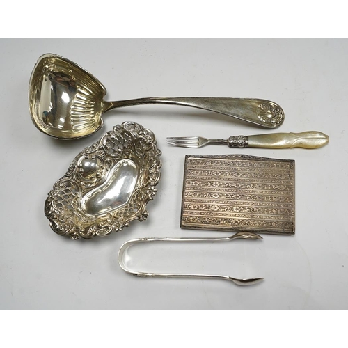 860 - A group of German 800  and other white metal cutlery, an 800 card case, silver bonbon dish, match sl... 