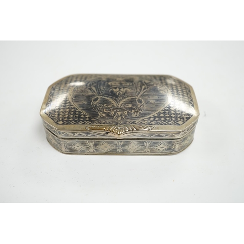 861 - A continental white metal and niello octagonal box, 10.9cm. Condition - poor to fair