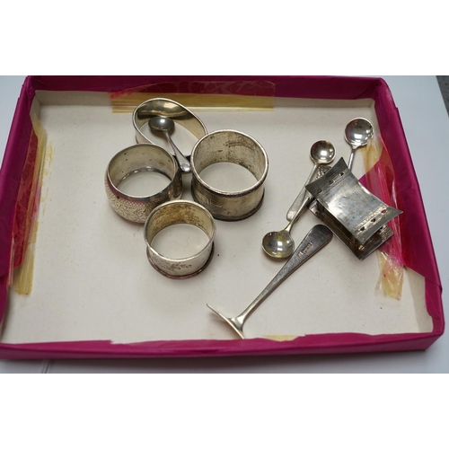 864 - Sundry small silver including five silver napkin rings, and 800 napkin ring, a Victorian silver must... 