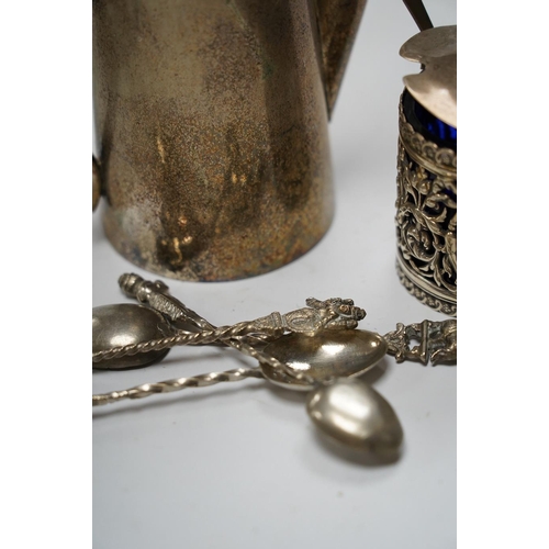 870 - Small silver including a late Victorian pierced silver mustard pot, a small cream jug and oval trink... 