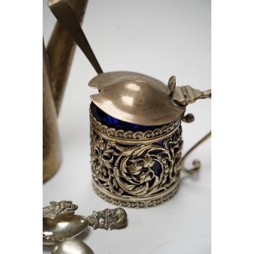 870 - Small silver including a late Victorian pierced silver mustard pot, a small cream jug and oval trink... 