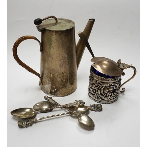 870 - Small silver including a late Victorian pierced silver mustard pot, a small cream jug and oval trink... 