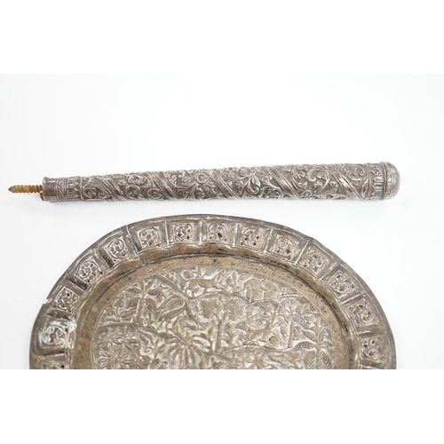 883 - An Indian pierced white metal oval plaque and a white metal cane handle. Condition - poor to fair... 