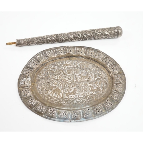 883 - An Indian pierced white metal oval plaque and a white metal cane handle. Condition - poor to fair... 