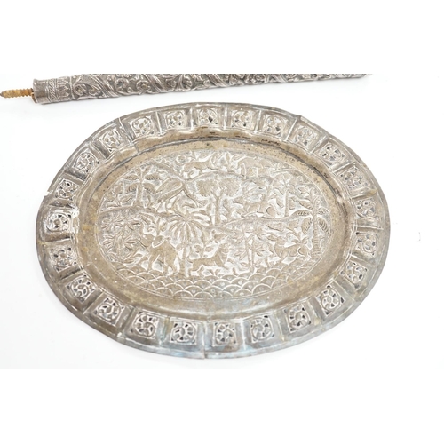 883 - An Indian pierced white metal oval plaque and a white metal cane handle. Condition - poor to fair... 