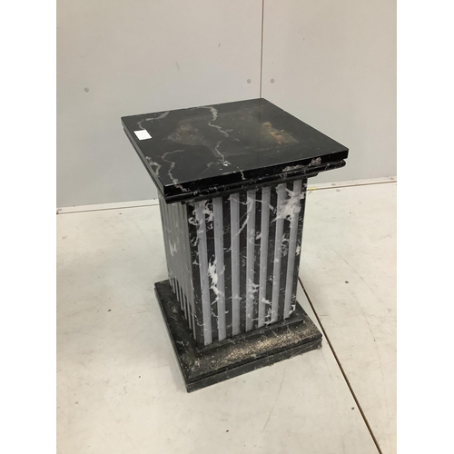 9 - A square reconstituted marble pedestal, width 36cm, height 55cm. Condition - fair