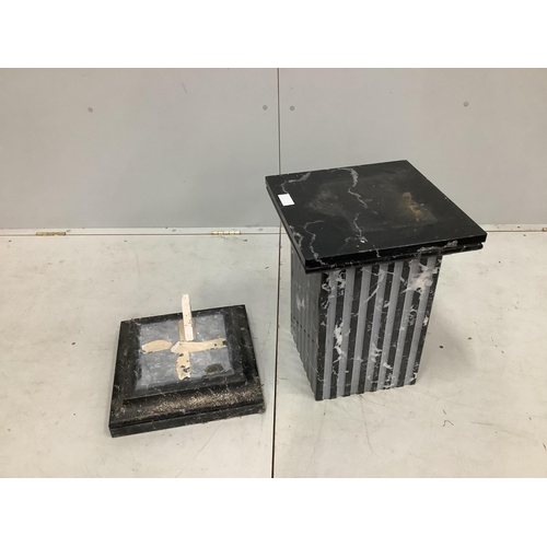 9 - A square reconstituted marble pedestal, width 36cm, height 55cm. Condition - fair