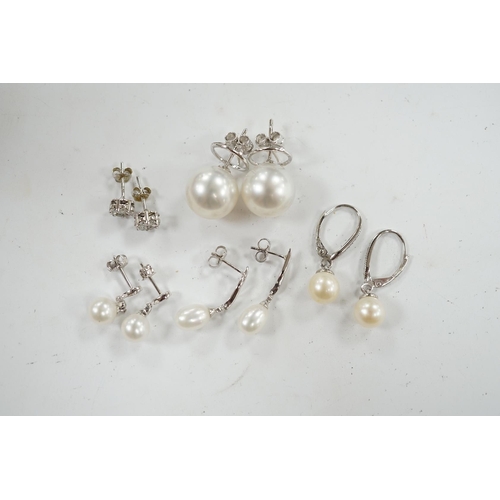 903 - Three assorted modern pairs of 9ct, cultured pearl and diamond chip set earrings, a similar diamond ... 