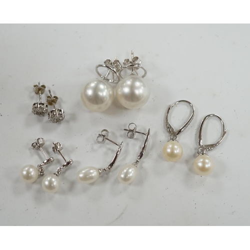 903 - Three assorted modern pairs of 9ct, cultured pearl and diamond chip set earrings, a similar diamond ... 