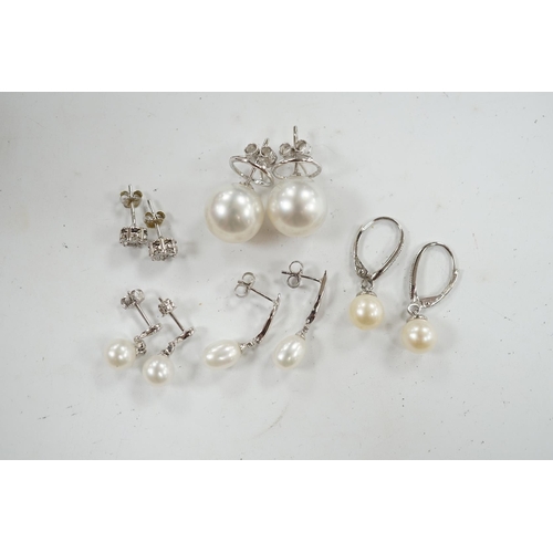 903 - Three assorted modern pairs of 9ct, cultured pearl and diamond chip set earrings, a similar diamond ... 