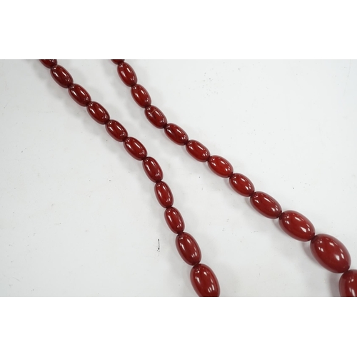 904 - A single strand graduated simulated cherry amber bead necklace, 68cm, gross weight 52 grams. Conditi... 