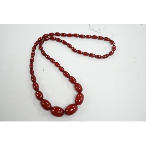 904 - A single strand graduated simulated cherry amber bead necklace, 68cm, gross weight 52 grams. Conditi... 