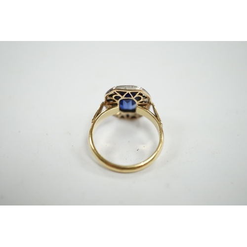 907 - A mid 20th century yellow metal synthetic sapphire and rose cut diamond set octagonal ring, size O, ... 