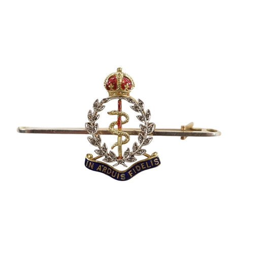 909 - A mid 20th century 15ct, enamel and diamond set Royal Army Medical Corps sweethearts brooch, 49mm, g... 