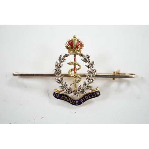 909 - A mid 20th century 15ct, enamel and diamond set Royal Army Medical Corps sweethearts brooch, 49mm, g... 