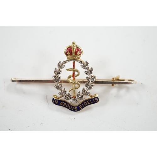 909 - A mid 20th century 15ct, enamel and diamond set Royal Army Medical Corps sweethearts brooch, 49mm, g... 