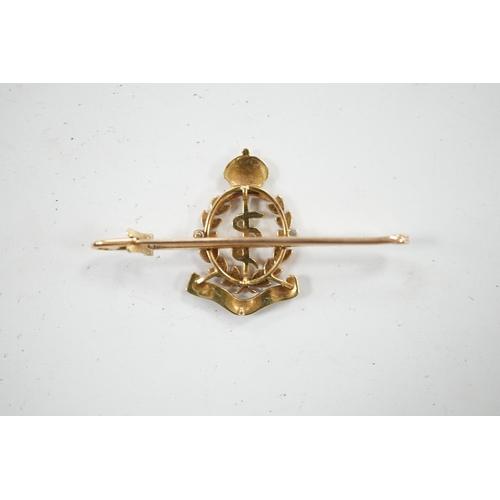 909 - A mid 20th century 15ct, enamel and diamond set Royal Army Medical Corps sweethearts brooch, 49mm, g... 