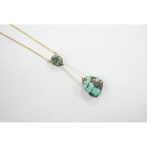 913 - A 375 and two stone turquoise drop pendant necklace, overall 54cm, gross weight 5 grams. Condition -... 