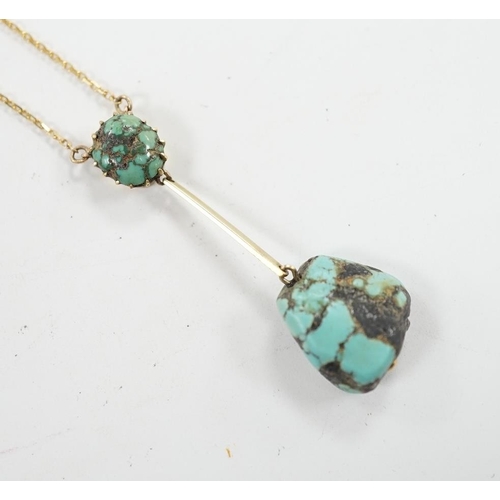 913 - A 375 and two stone turquoise drop pendant necklace, overall 54cm, gross weight 5 grams. Condition -... 