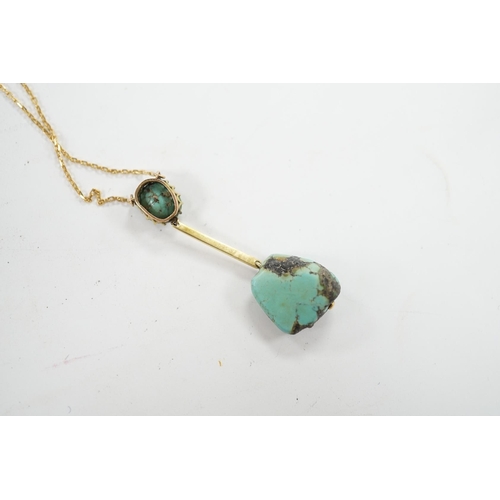 913 - A 375 and two stone turquoise drop pendant necklace, overall 54cm, gross weight 5 grams. Condition -... 